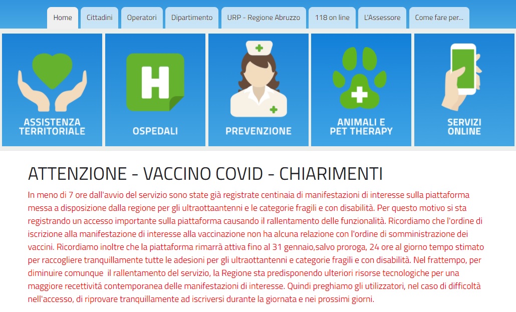 Abruzzo – Vaccino anti-Covid per ultra 80enni, boom di prenotazioni, sito il tilt
