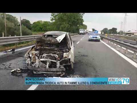 Montecosaro – Auto in fiamme lungo la superstrada, illeso il conducente