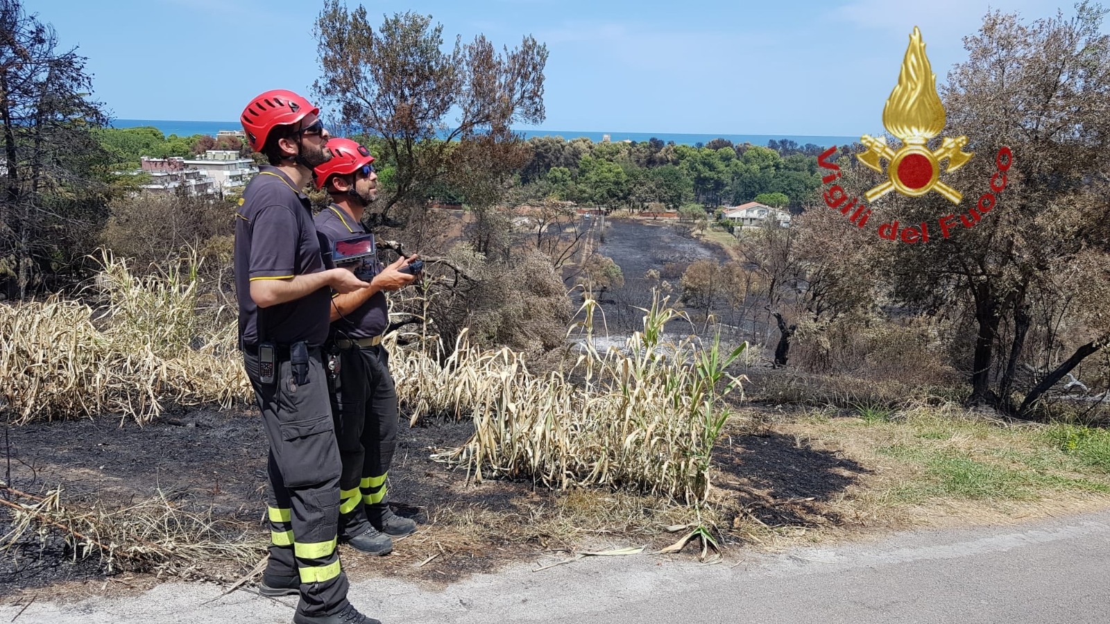 Pescara, incendio riserva dannunziana: i vigili del fuoco perlustrano la zona con i droni