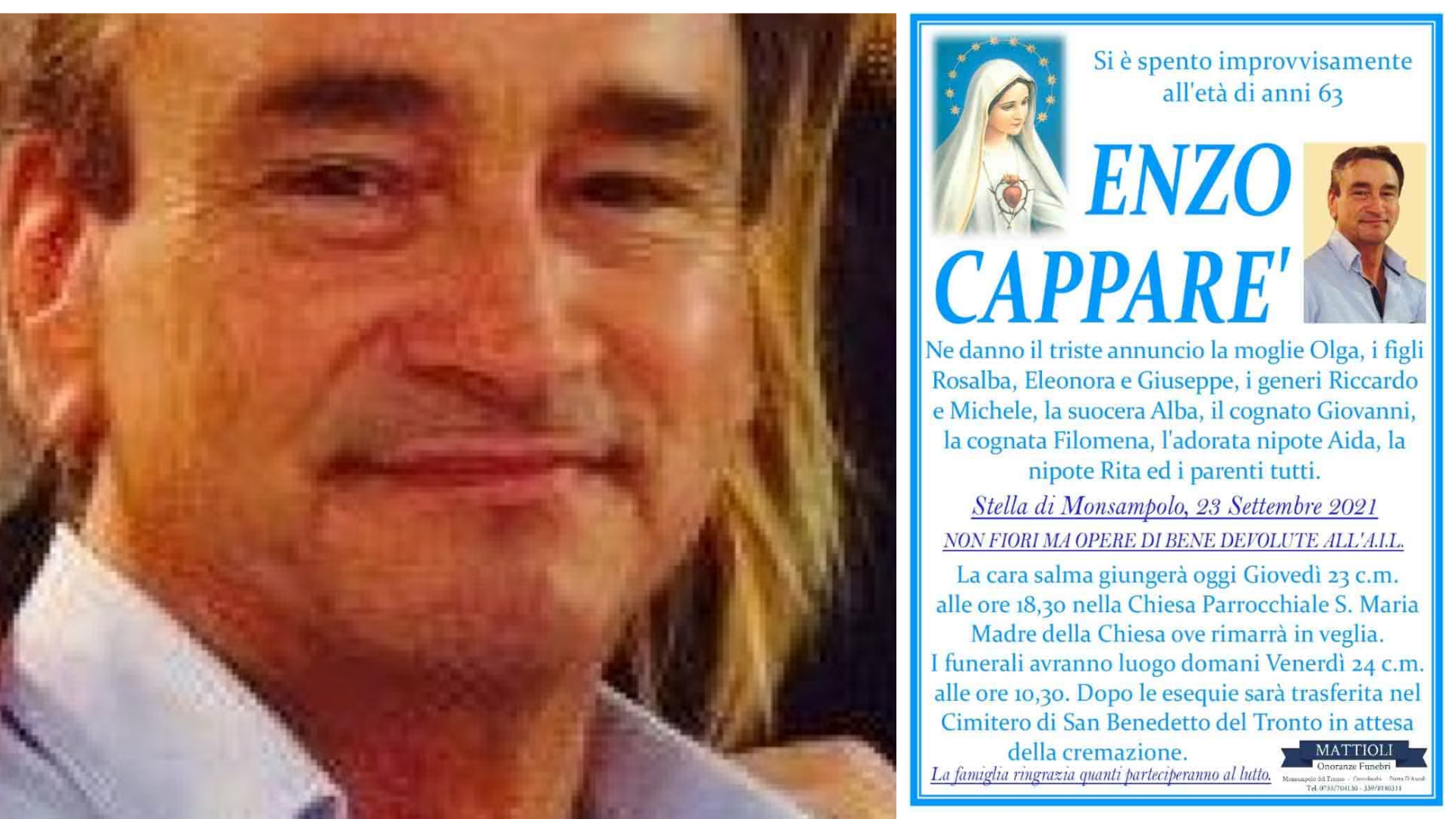 Funerali Enzo Capparè venerdì 24 settembre alle ore 10.30
