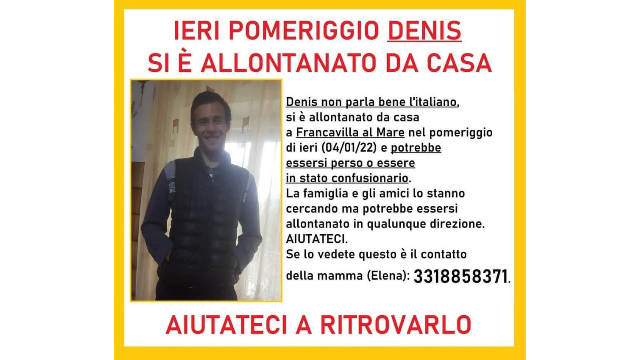 Appello per ritrovare Denis, scomparso da casa il 4 gennaio