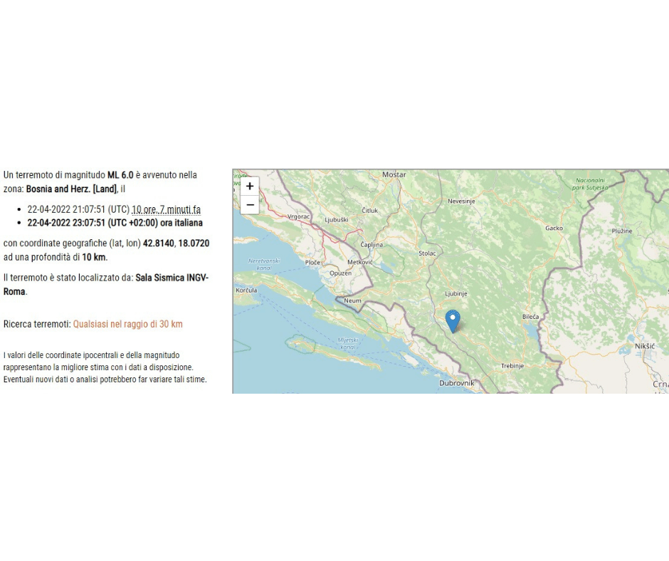 Terremoto, forte scossa in Bosnia Erzegovina avvertita nelle Marche