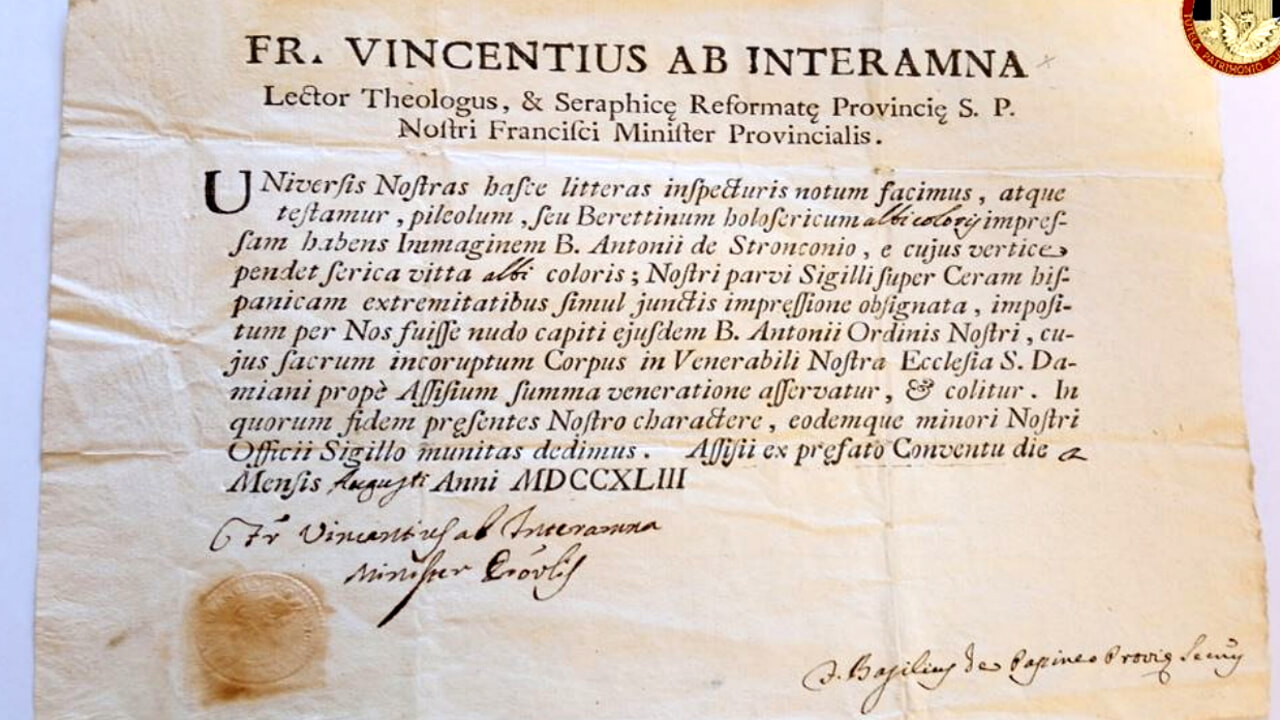 Da Montesilvano a Stroncone: antico documento restituito al Convento di San Francesco