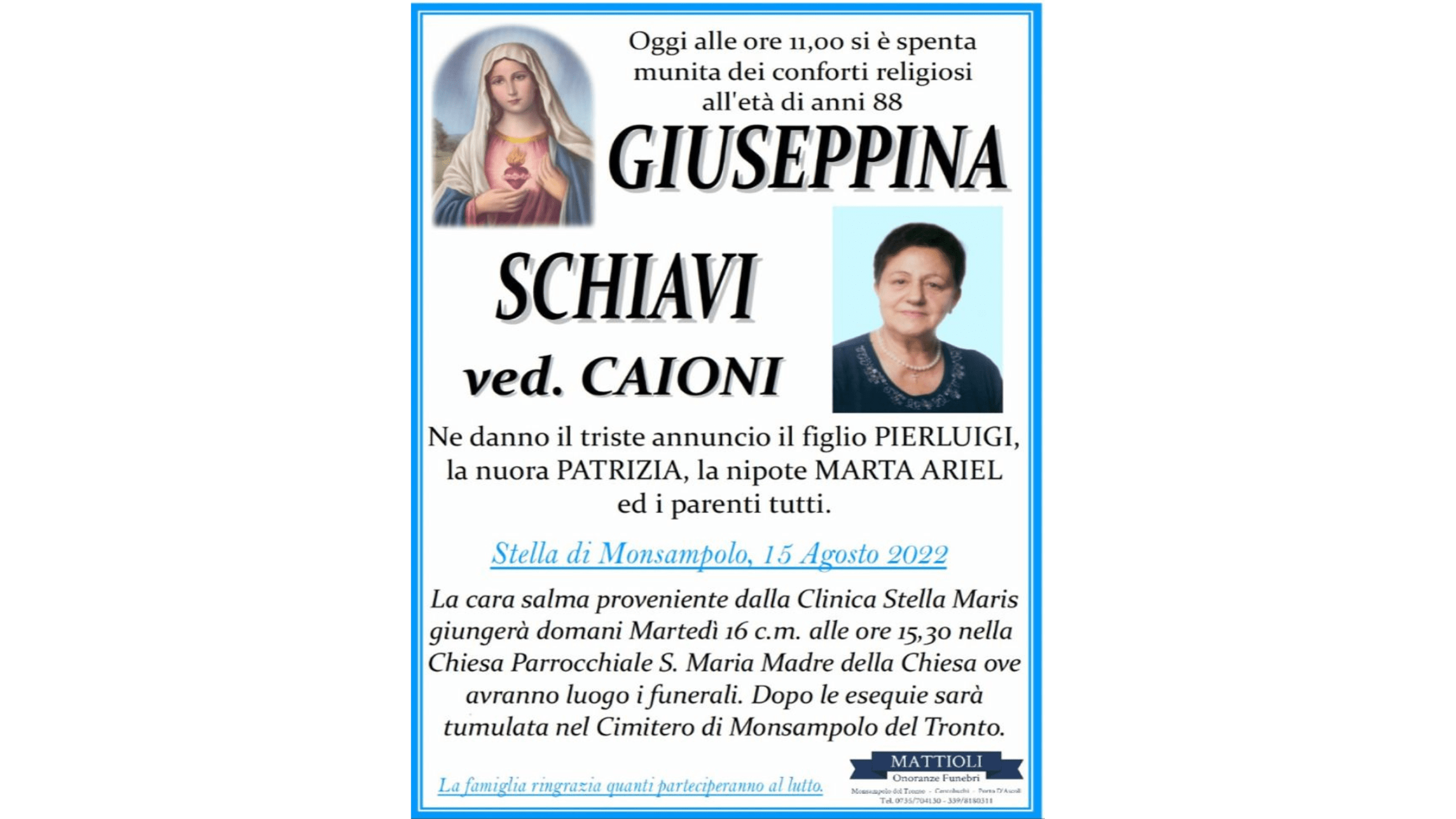 Monsampolo piange Giuseppina Caioni, vedova dell’ingegner Arduino