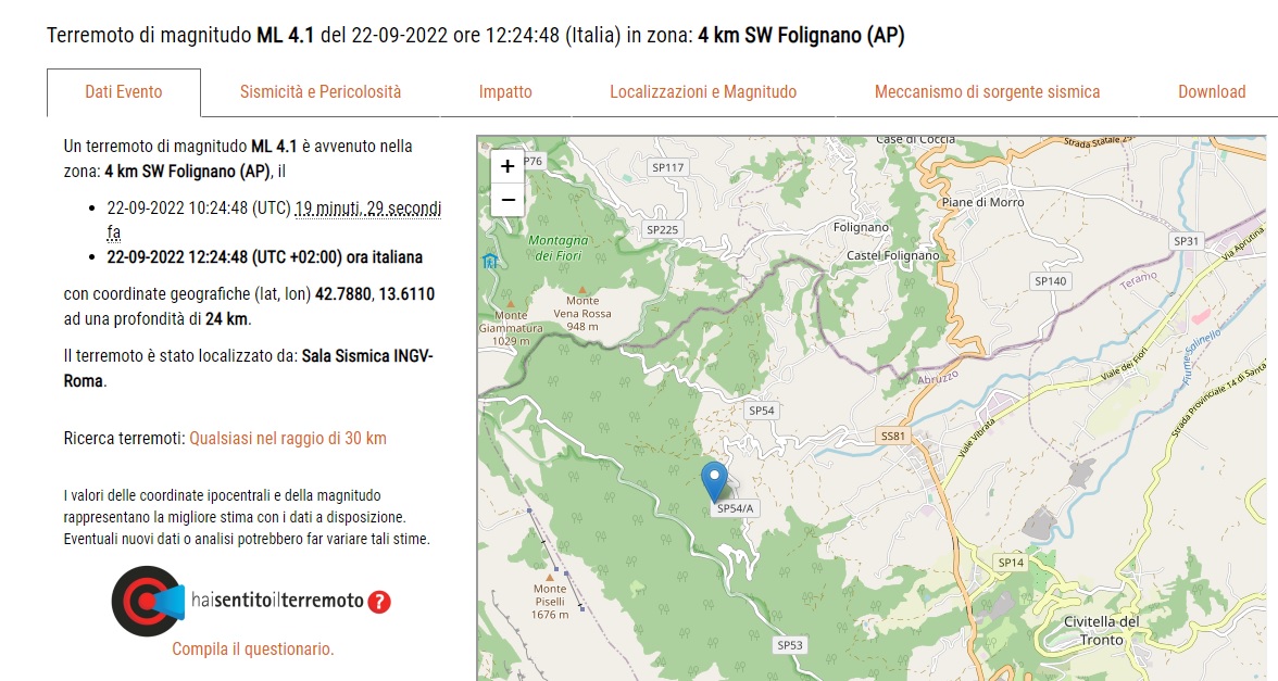 Doppia scossa: epicentro a Folignano, magnitudo tra 4.1 e 3.6