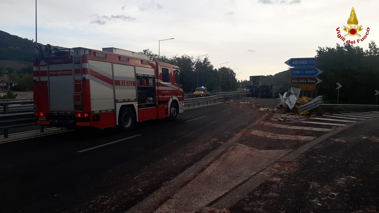 Tir si ribalta, strage di polli sulla Val d’Esino