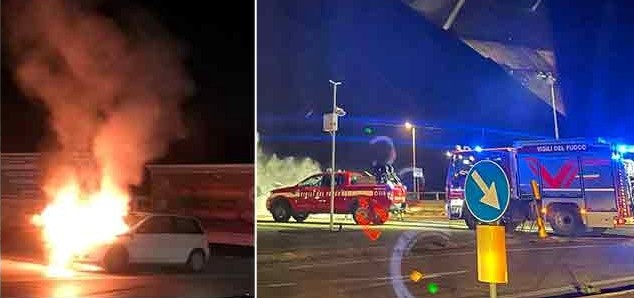 Auto in fiamme sul ponte del Tronto: paura e traffico in tilt
