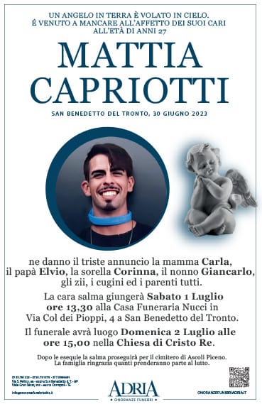 San Benedetto del Tronto – Si svolgeranno domenica i funerali di Mattia Capriotti
