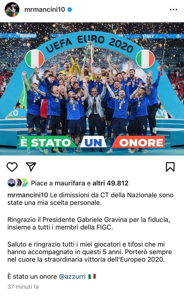 Il saluto di Mancini: “Dimissioni una mia scelta personale”