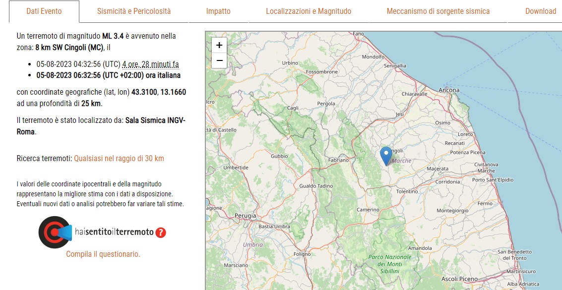 Terremoto di magnitudo 3.4 nelle Marche, nessun danno riportato